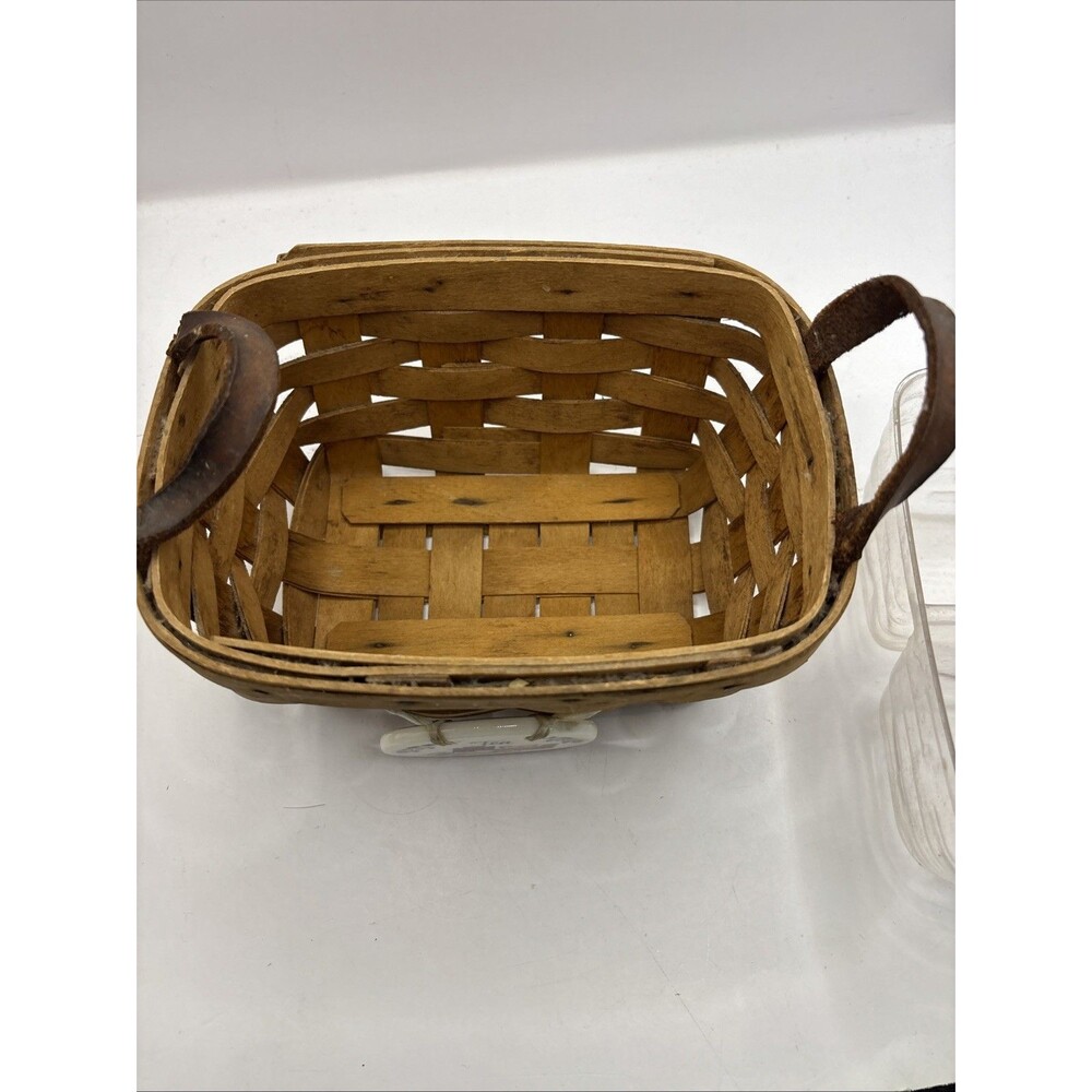 LONGABERGER 1998 TEA BASKET  LEATHER HANDLES CLASSIC DIVIDED TRAY INSERT TIE TAG - Picture 7 of 7